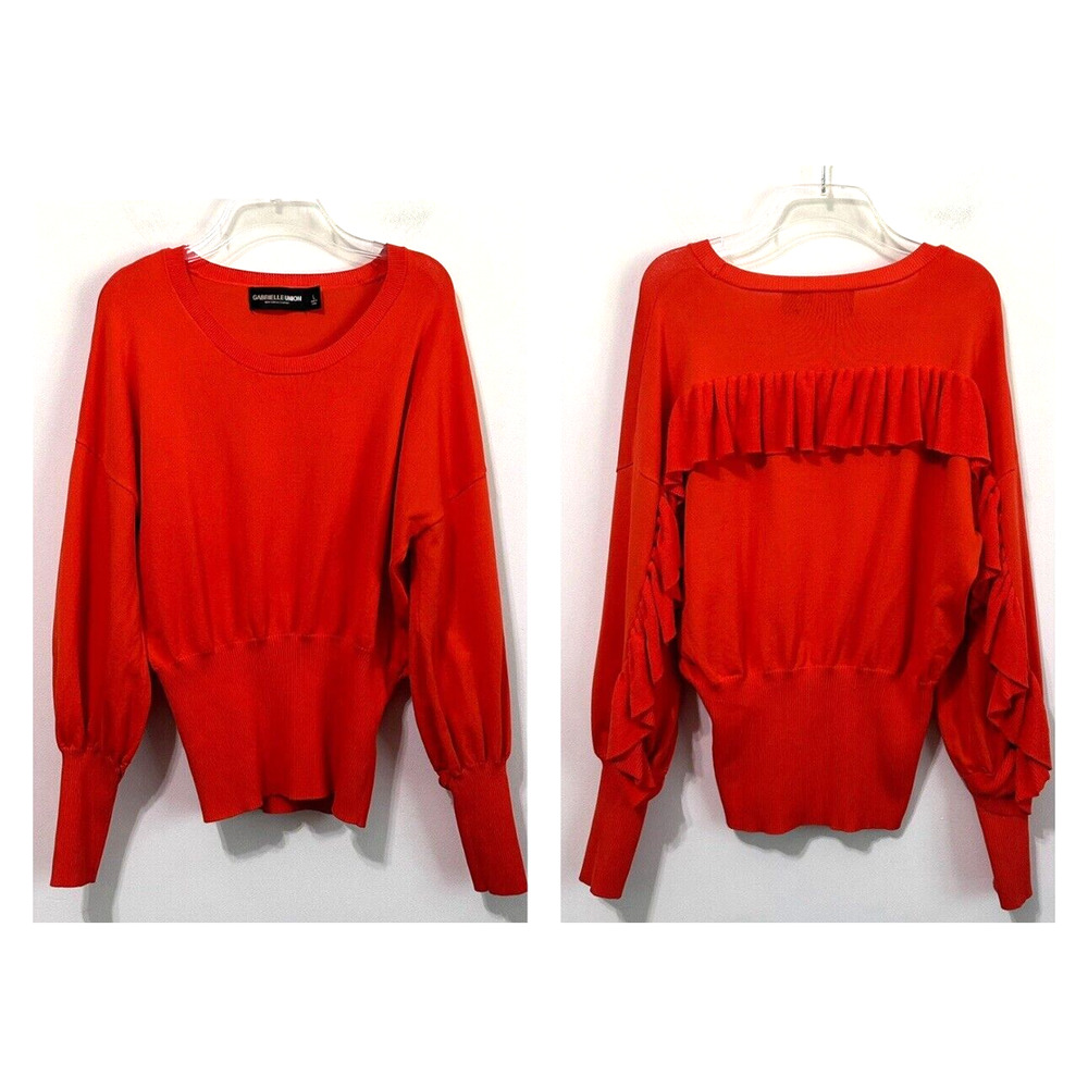 Gabrielle Union Sweater L Orange Ruffle Back New York & Co Knit Long Sleeve Boho